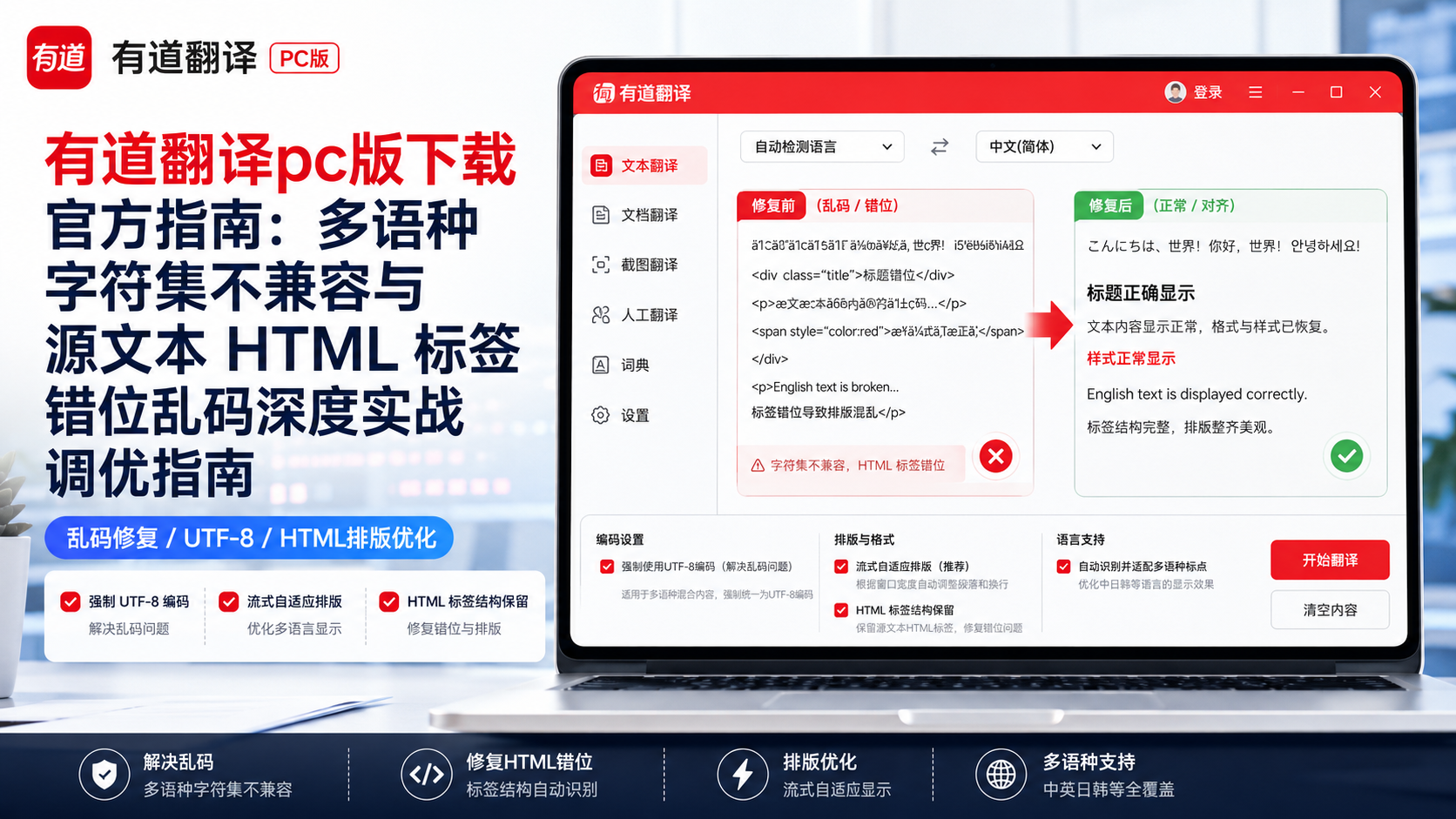 有道翻译pc版下载官方指南：多语种字符集不兼容与源文本 HTML 标签错位乱码深度实战调优指南