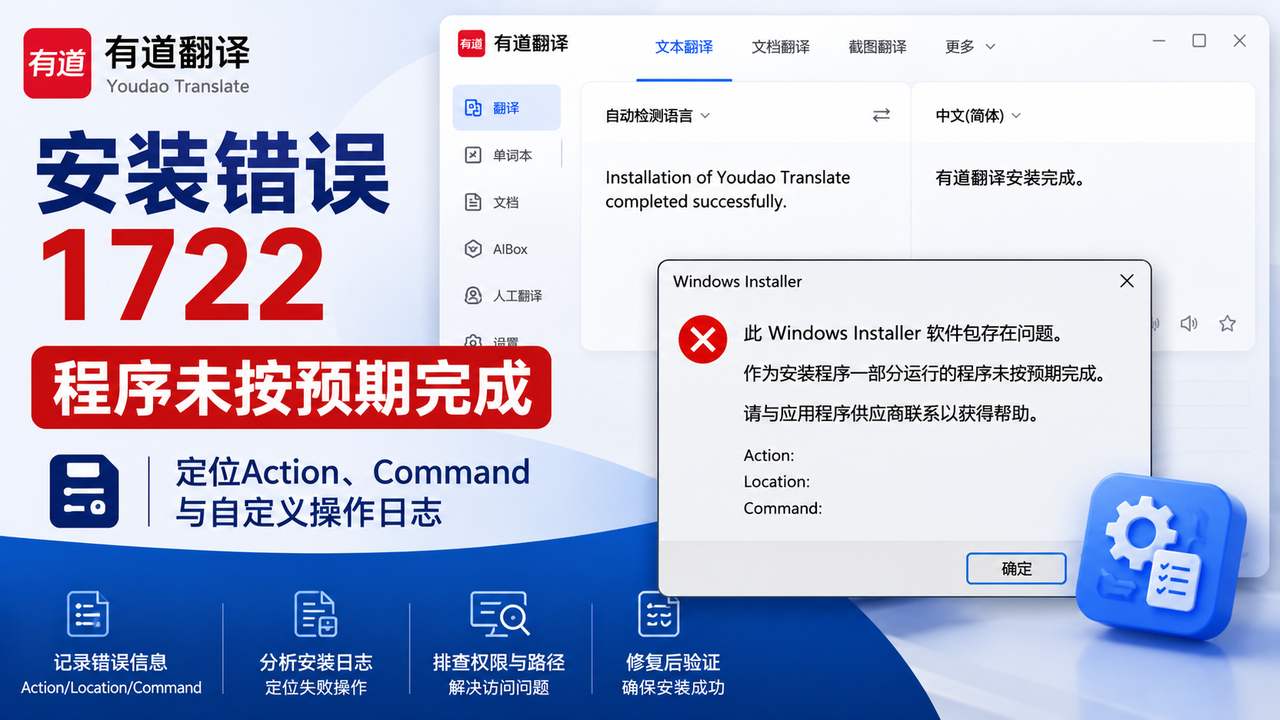 有道翻译安装提示错误1722：定位失败Action、Command与自定义操作