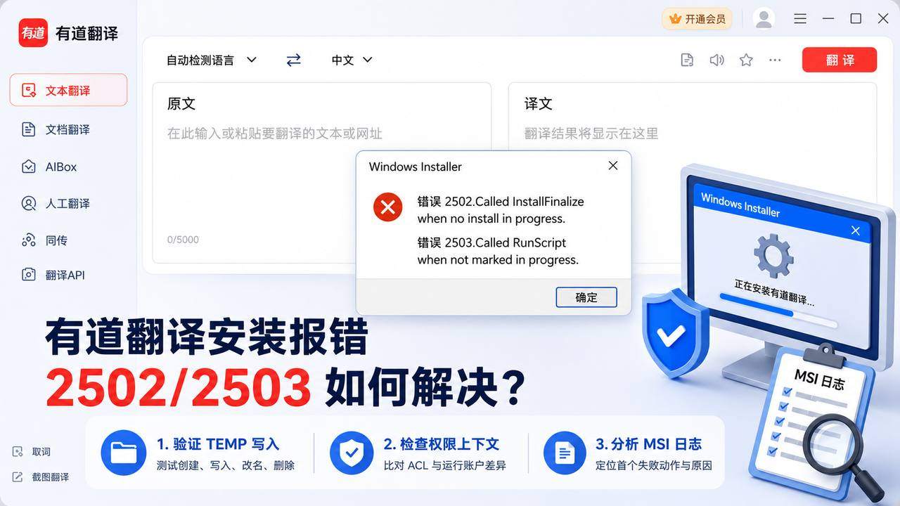 有道翻译安装出现2502和2503：从TEMP写入到Installer日志定位根因