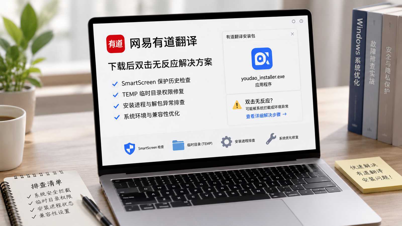 网易有道翻译下载后安装包双击无反应：Windows 11 SmartScreen与TEMP解包权限修复