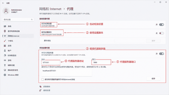 Windows 11 代理设置界面，检查有道翻译下载后的自动检测、设置脚本和代理服务器地址端口