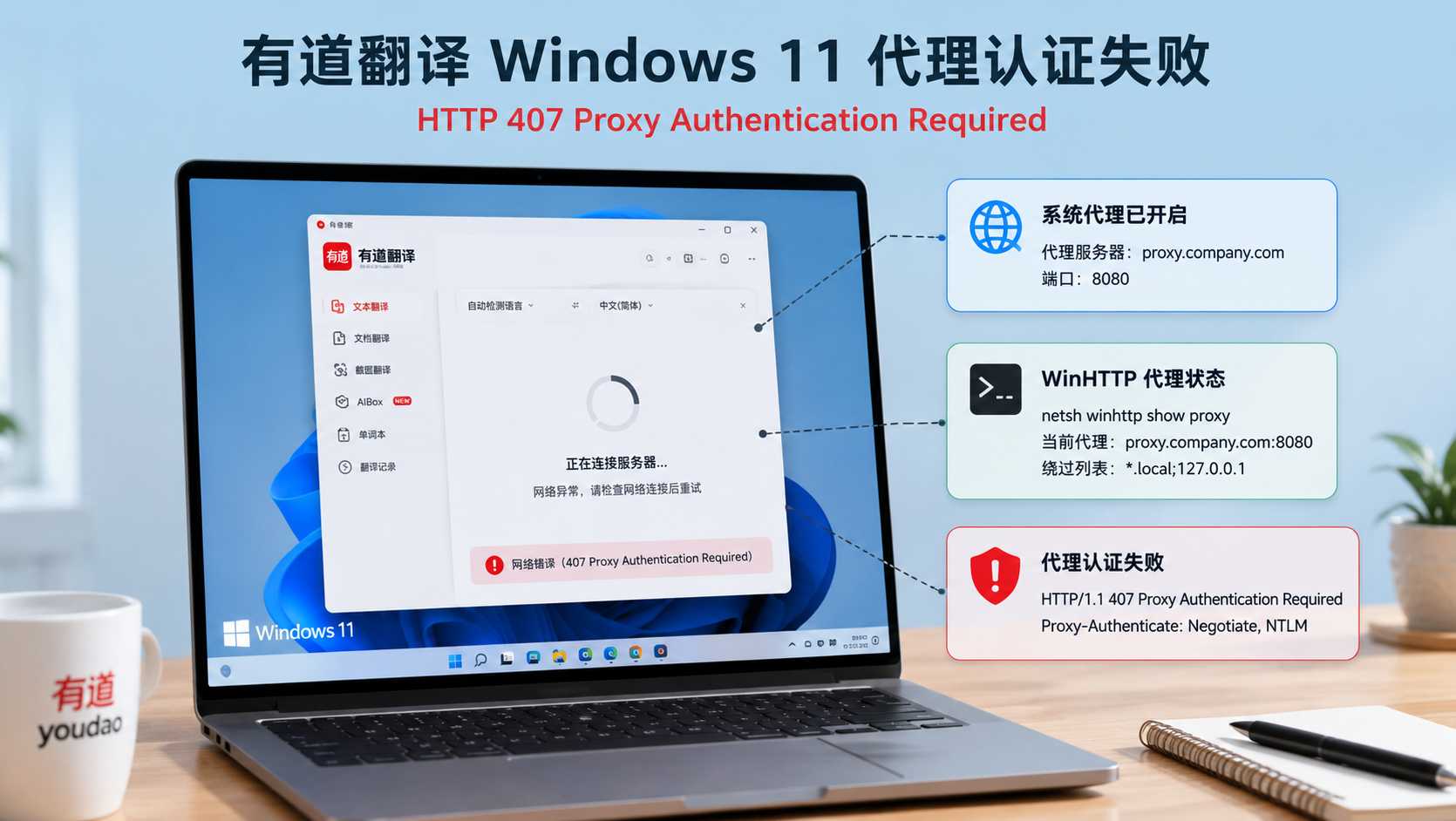 有道翻译 Windows 11 代理已开启仍登录失败：HTTP 407 与 WinHTTP 凭据链修复