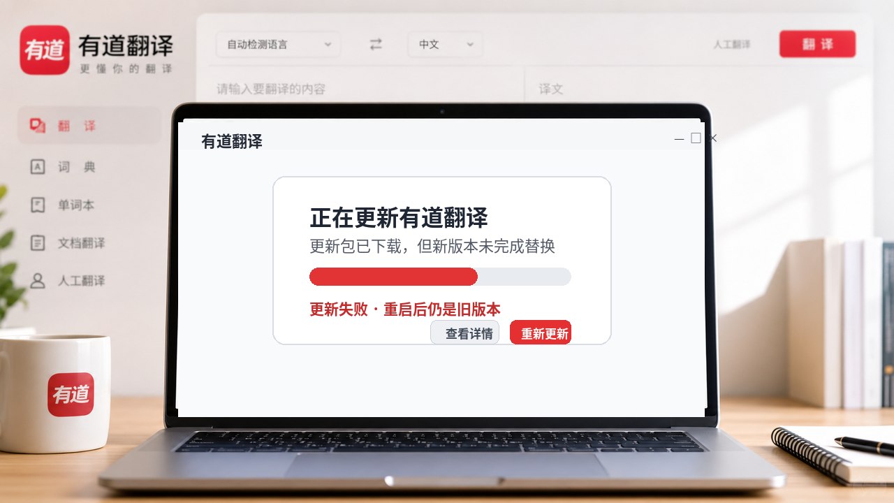有道翻译自动更新失败、进度卡住或更新后仍是旧版本：从下载到文件替换完整排查