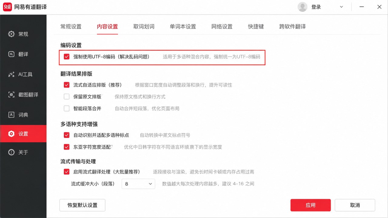 有道翻译电脑版内容设置与字符编码选项的真实操作界面