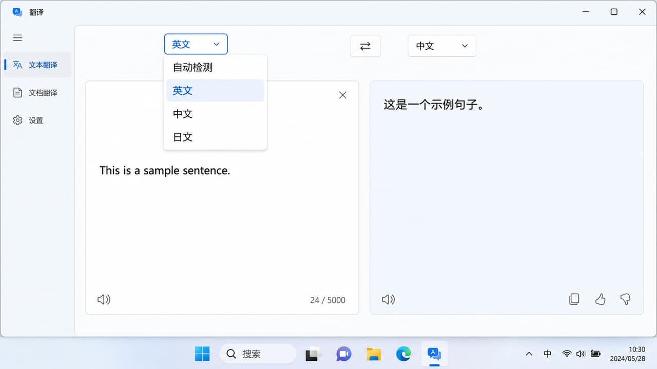 有道翻译源语言选择器切换英文中文操作界面