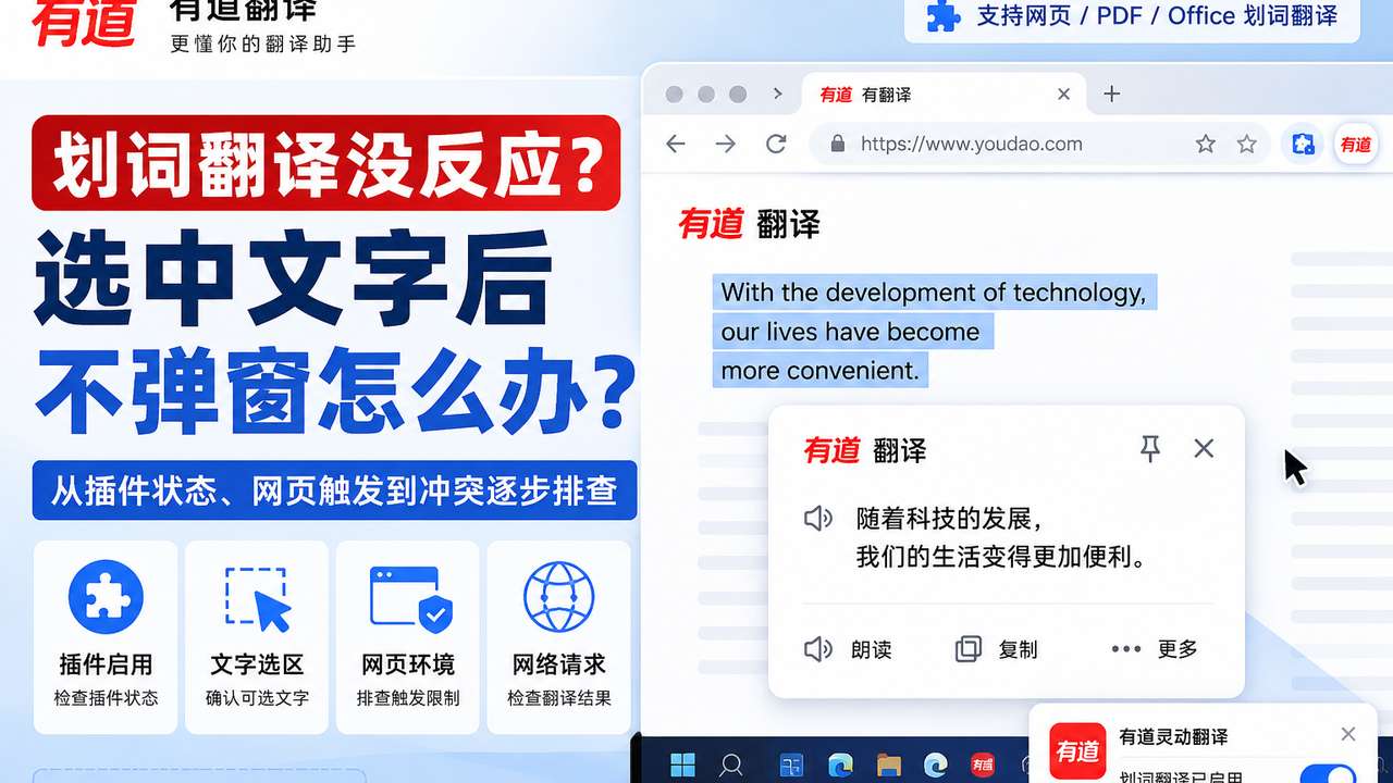 有道翻译划词翻译没反应：选中文字后不弹窗怎么解决