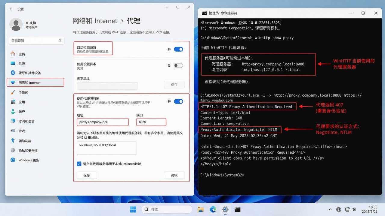 Windows 系统代理与 WinHTTP 代理状态对照界面