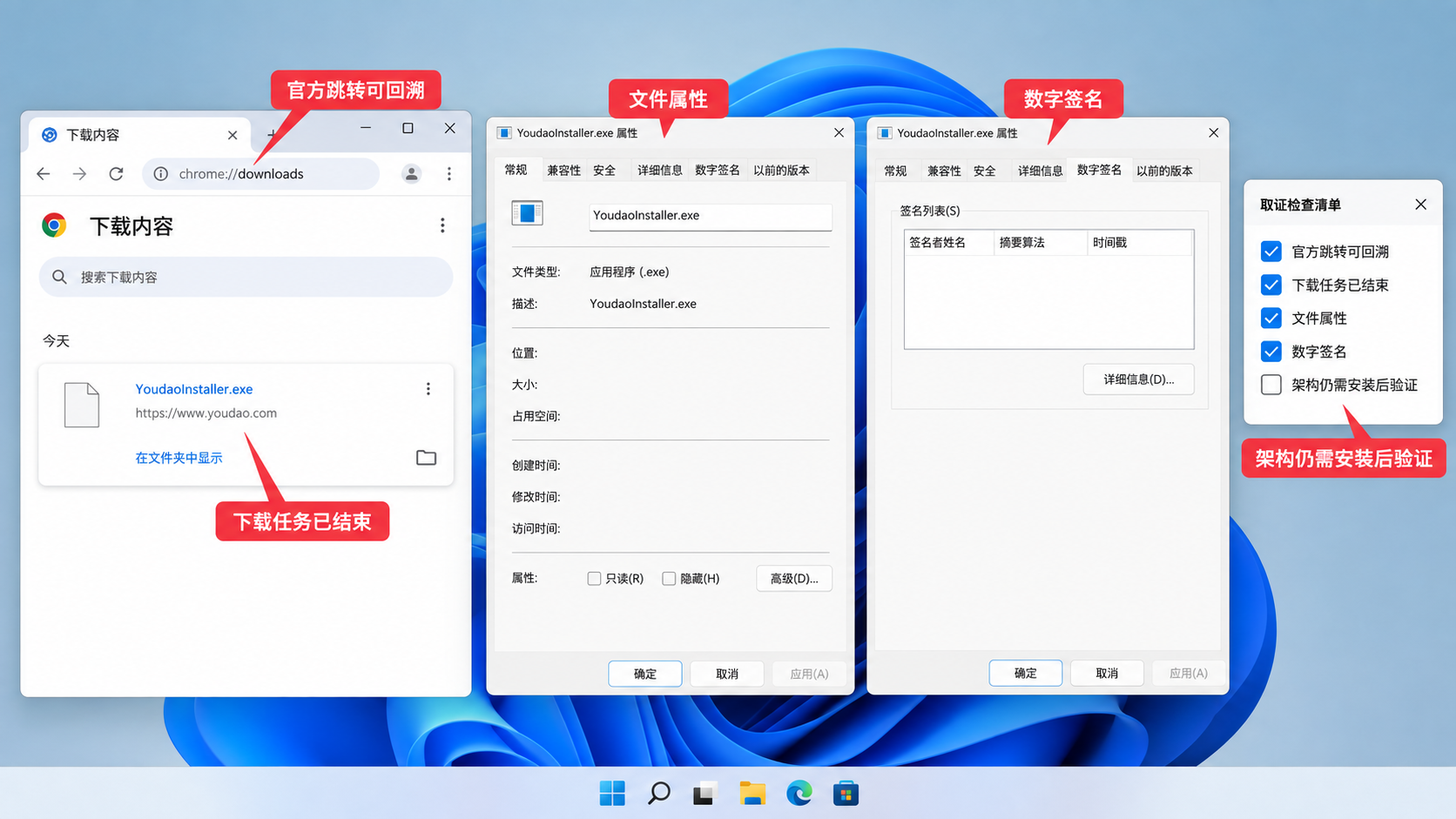 有道翻译安装包浏览器来源记录、文件属性与数字签名全屏核验图